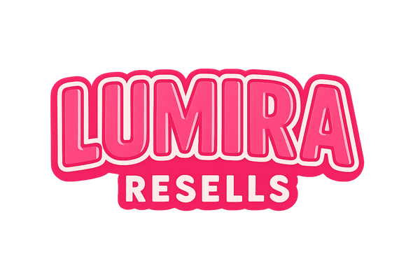 genera un logo escrito muy bonito que parezca deseñado por una mujer, que sea mono debe de poner Lumira y abajo Resells la fuente ha de ser como de pastel, es para el logo de mi web a si que hazlo lo mejro posible usa colores rosados pastel necesito que la tipografia sea mas gruesa y con remarcado en color bkanco ademas cambai ese rosa por uno de color mas vivo e inteso